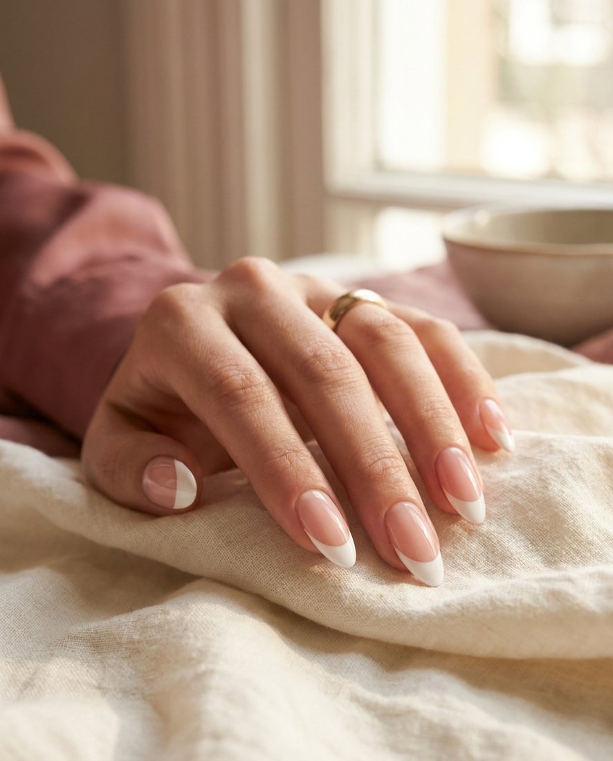 Klassieke French manicure met een frisse witte tip op amandelvormige nagels