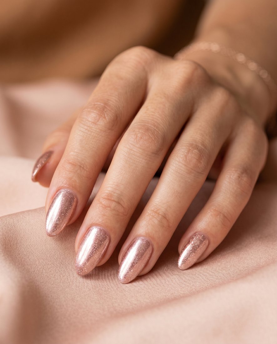Manicure met een elegante rose-gold chrome finish en fijne glitter