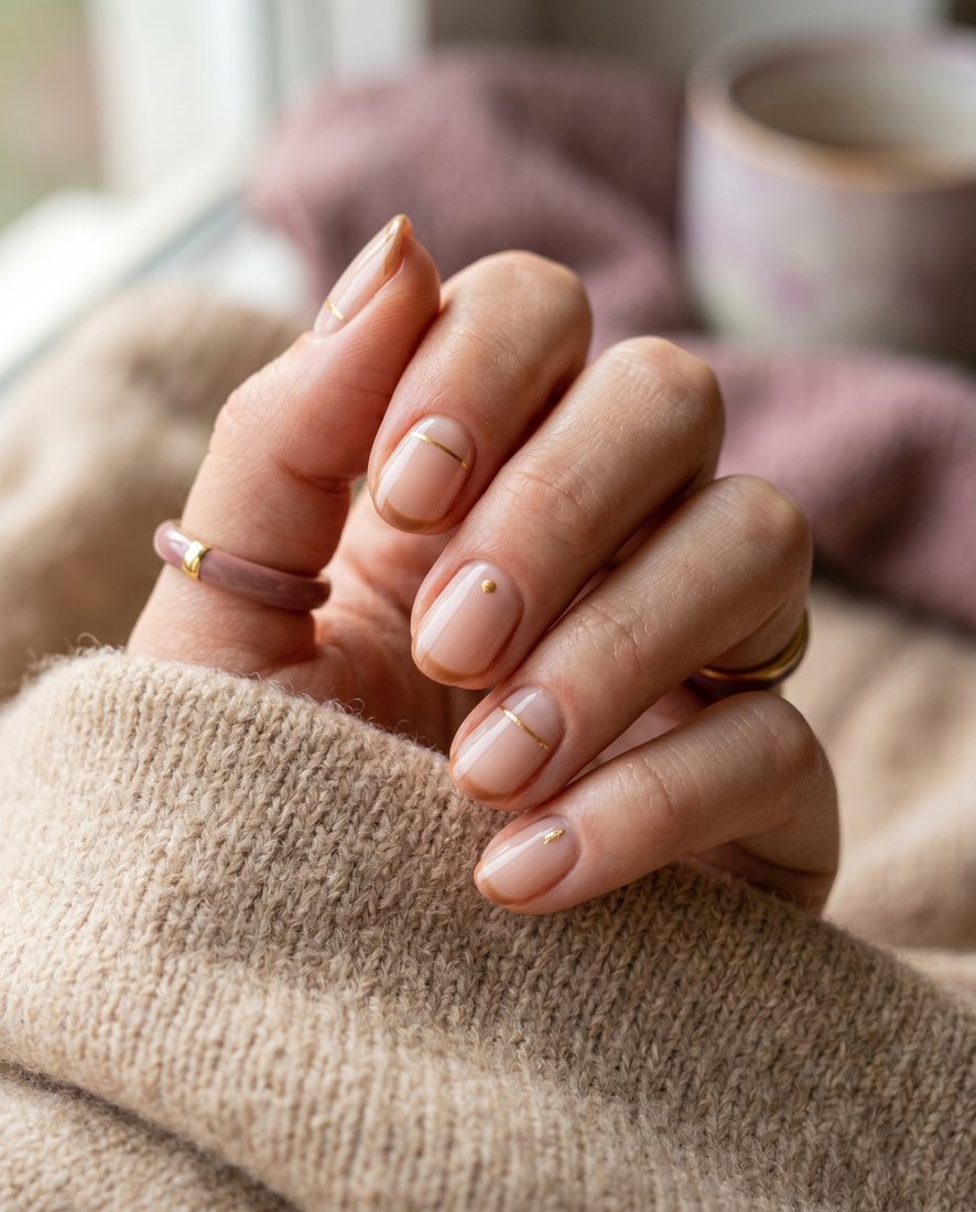 Nail art met fijne gouden lijndetails op een zachte nude-blush basis