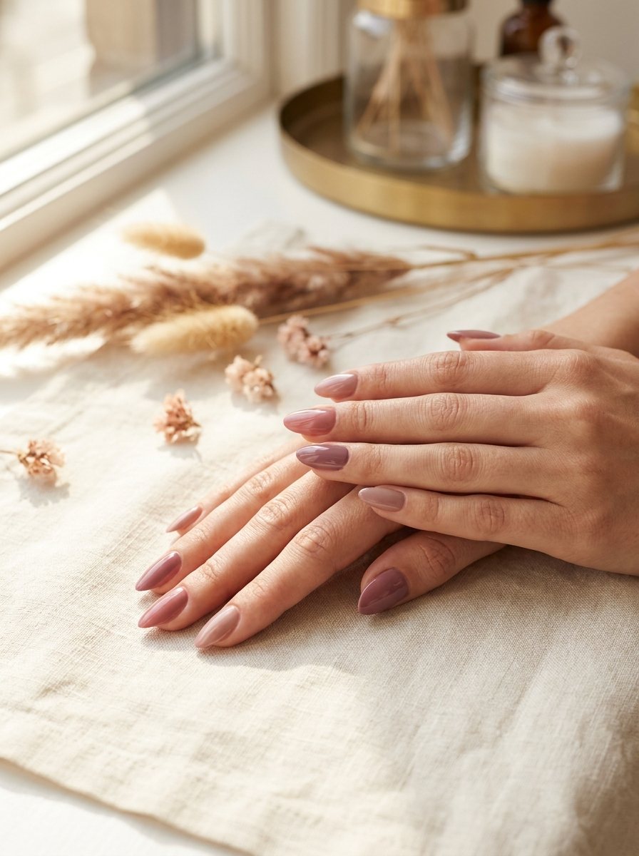 Twee verzorgde handen met een glanzende dusty rose gel manicure op een zacht linnen ondergrond