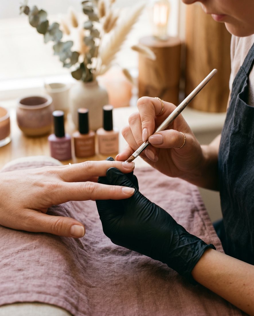 Nagelstyliste brengt met precisie BIAB gel aan bij een klant in een sfeervolle studio